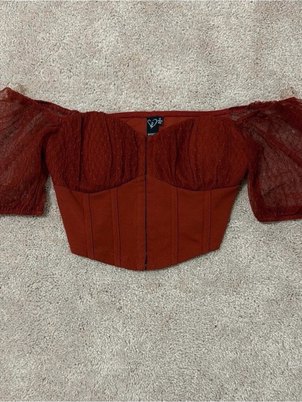 Windsor Rust Off-Shoulder Bustier Crop Top with Sheer Puff Sleeves